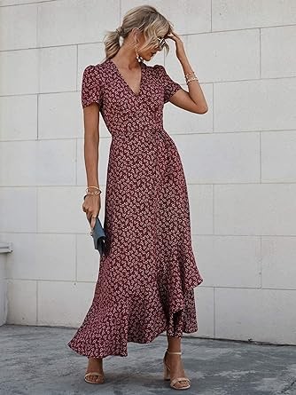 PRETTYGARDEN Women's Summer Wrap Maxi Dress Casual Boho Floral V Neck Short Sleeve Ruffle Hem Split Beach Long Dresses