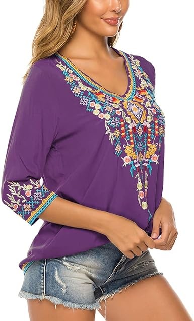 Grosy Womens Casual Summer Tops, Hippie Clothes, Traditional Floral Embroidered Boho Shirt, Mexican Peasant Blouses for Women