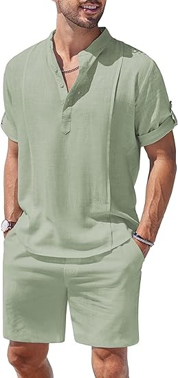 COOFANDY Men's 2 Pieces Linen Set Henley Shirt Short Sleeve and Shorts Summer Beach Yoga Matching Outfits