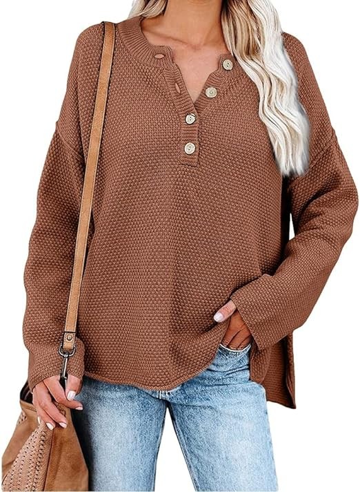 AMXYFBK Womens Waffle Knit Long Sleeve Button Up V Neck Henley Shirts Fall Casual Side Slits Loose Lightweight Pullover