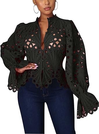 Doweha Women’s Sexy Ruffle Long Sleeve Summer Lace Tops 2023 Puff Flare Shirt V Neck Hollow Out Button Down Tunic Blouses