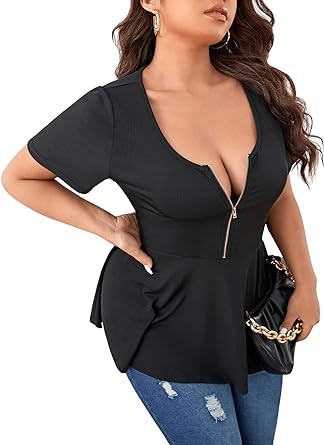 SOLY HUX Plus Size Women Sexy Half Zip up Low Cut Short Sleeve Ruffle Babydoll Peplum Tops