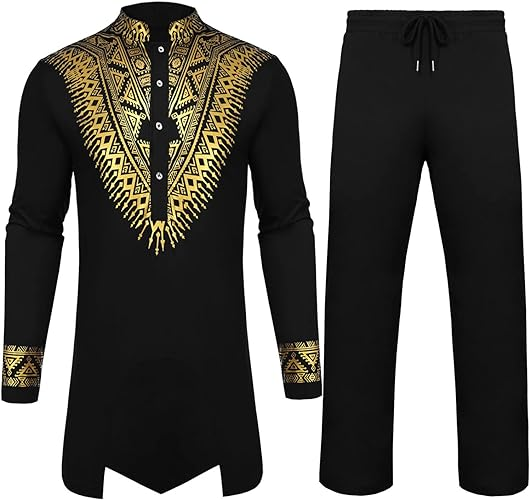 Pacinoble Mens African 2 Piece Set Metallic Traditional Suit Floral Printed Mens African Dashiki Shirt and Pants Outfit