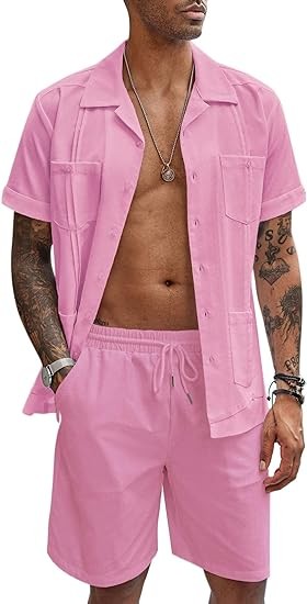 COOFANDY Men's 2 Pieces Guayabera Shirts Set Casual Linen Short Sleeve Button Down Shirts and Shorts Outfits