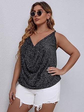 Floerns Women's Plus Size Glitter Draped Neck Sleeveless Backless Cami Top