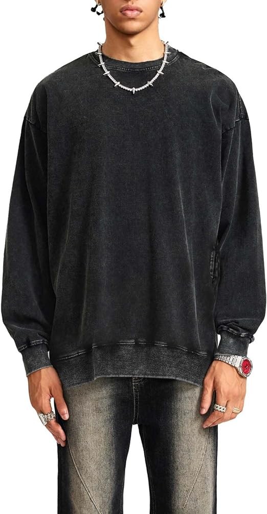 Tuislay Oversized Vintage Sweatshirt Men Acid Wash Long Sleeve Cotton T Shirts Street Wear Crewneck Sweatshirts with Pocket