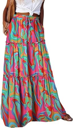 EARKOHA Womens Casual High Waist Tiered Paisley Print Long Maxi Skirt with Pockets