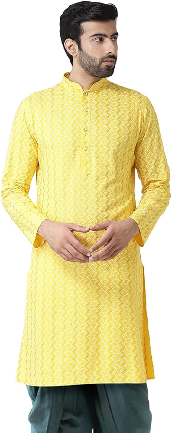 KISAH Men's Yellow Printed Kurta Ethnic Indian Traditional Festive wear