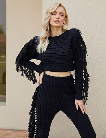 KANSOON Sweater Sets for Women 2 Piece Outfits Knit Tassels Solid Color Long Sleeve Crop Sweaters Long Pants Sweatsuit