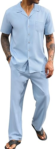 Mens Linen Sets 2 Piece Linen Outfits Beach Short Sleeve Linen Shirt Summer Loose Linen Pant Sets