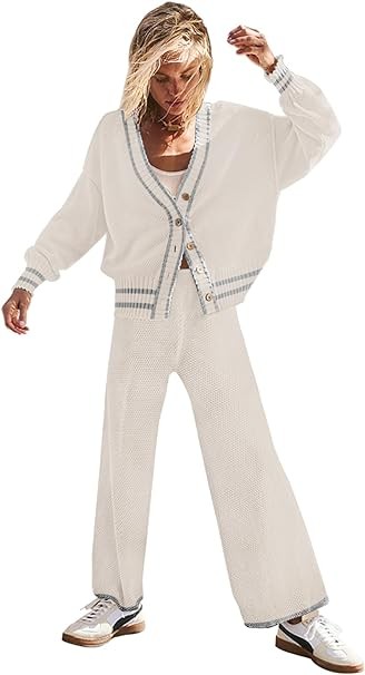 Womens Two Piece Outfits Sweater Sets Open Front Knit Cardigan and Wide Leg Pants Sweatsuit Lounge Sets