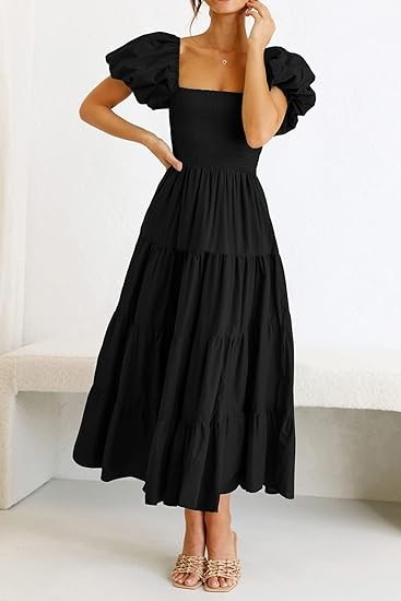 PRETTYGARDEN Women's Casual Summer Midi Dress Puffy Short Sleeve Square Neck Smocked Tiered Ruffle Dresses
