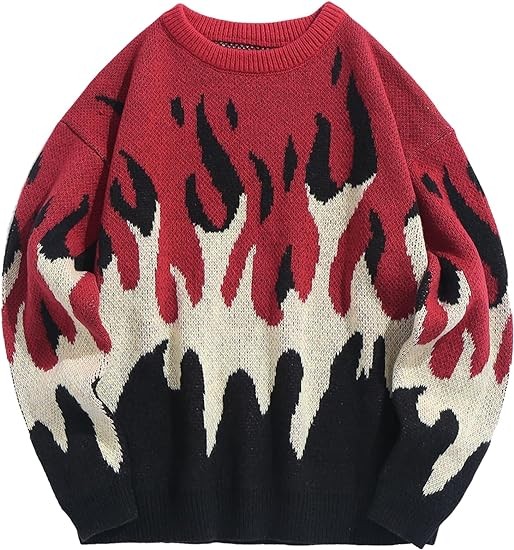 ZAFUL Men's Oversized Sweater Y2K Aesthetic Flame Graphic Crewneck Knit Pullover Unisex Casual Sweaters