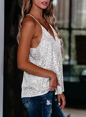 miduo Womens Tank Tops Casual Fashion V Neck Strappy Sequin Sparkle Shimmer Camisole Sleeveless Tanks Tops