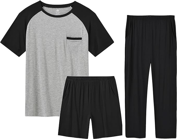 MoFiz Men's Pajama Set 3 Pieces Lightweight Sleep Cozy Modal Lounge Sleep Set Bottoms Pants T-Shirt Pajama Shorts for Men