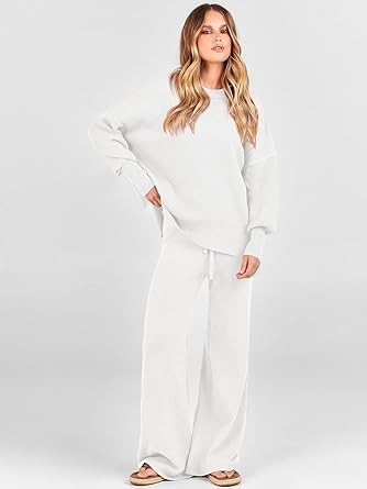 ANRABESS Women 2 Piece Outfits Sweatsuit Oversized Sweater Set & Wide Leg Pants Fall Chunky Lounge Set