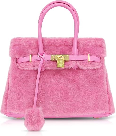 Furry Handbag for Women, Pink Tote Bag, Large Capacity Crossbody Bag, Lambswool Patchwork Leather, Shoulder Bags for Work Travel Daily Matching(10")