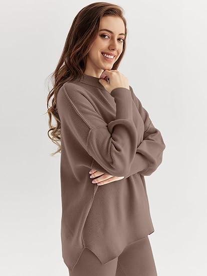 LILLUSORY Women 2 Piece Outfits Sweatsuit Sweater Sets Oversized Knit Pullover Tops Wide Leg Pants Lounge Set