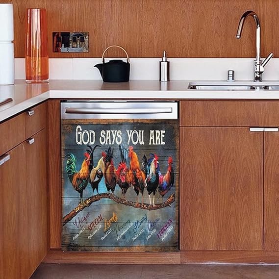 Rooster Hen Dishwasher Magnet - God Says You are Unique Decals Refrigerator Magnetic,Farm Rooster Sticker Fridge Panel Decal,Cute Chicken Magnets for Home Kitchen Appliance Decor 23"x17"