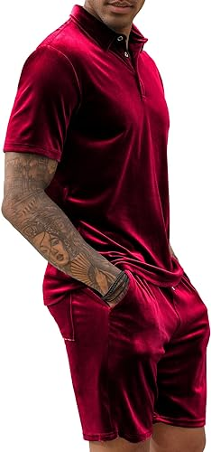 LecGee Mens Summer Velvet Short Sets Casual Short Sleeve Polo Shirt Elastic Waist Shorts 2 Piece Outfits Tracksuit