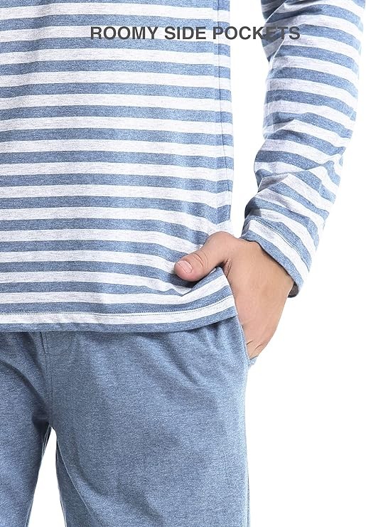 DAVID ARCHY Men's Cotton PJs Heather Striped Sleepwear Lounge Wear Top & Bottom Pajama Set