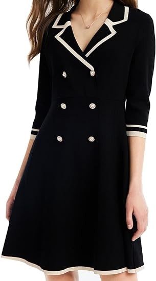 GOELIA Black Mini Sweater Dress for Women, Button up 3/4 Sleeve Knit Dresses for Teacher Work Business in Fall