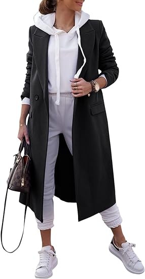 Zwurew Women's Double Breasted Pea Coat Lapel Wool Blend Long Trench Jacket Winter Elegant Overcoat Outwear