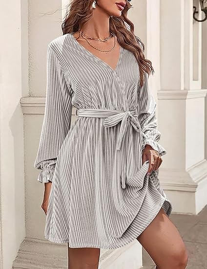 HOTOUCH Women's Velvet Dress Wrap V Neck Flared Dress Long Lantern Sleeve Dresses with Belt Cocktail Party Dress