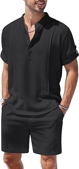 COOFANDY Men's 2 Pieces Linen Set Henley Shirt Short Sleeve and Shorts Summer Beach Yoga Matching Outfits