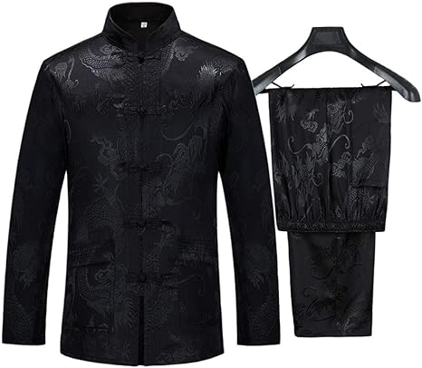 wecotton Tang Suit Men Hanfu Chinese Traditional Clothes Kung Fu Shirt Uniform Long Sleeved Coat Tops and Pants