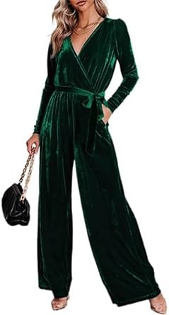 BerryGo Women's 2023 Velvet Formal Long Sleeve Wedding Guest Jumpsuits Wide Leg V Neck Romper Dressy with Belt Pocket