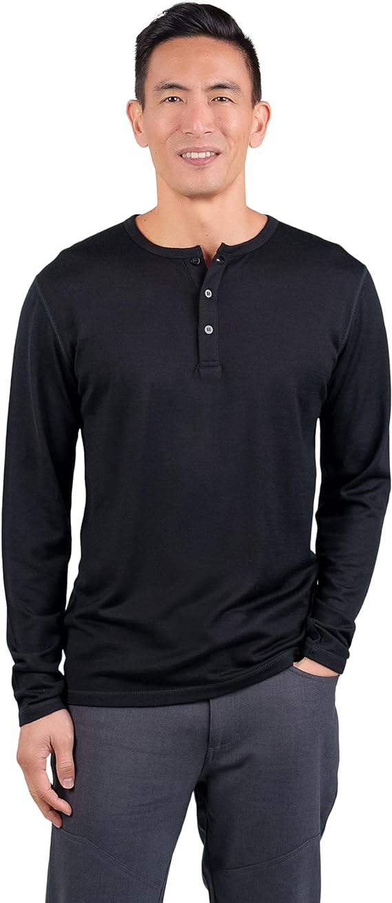 Woolly Clothing Men's Merino Wool Long Sleeve Henley - Everyday Weight - Wicking Breathable Anti-Odor