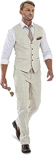 Casual Linen Beige Men's 2 Piece Suits Wedding Suits Slim Fit Groomsmen Tuxedos Prom Blazer Custom Summer Linen Vest+Pant