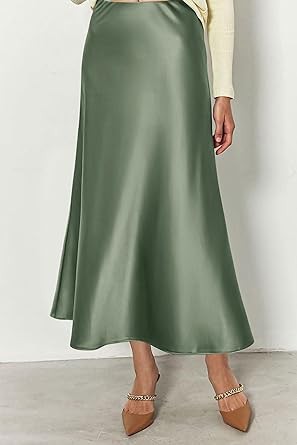 PRETTYGARDEN Women's Midi Satin Skirt Dressy Casual High Waisted A Line Flowy Ruffle Elegant Party Skirts