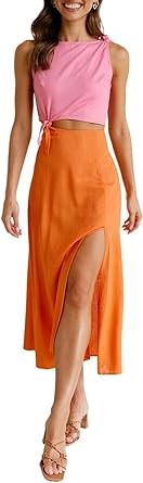 Dokotoo Two Piece Dress for Women Sleeveless Tops Side Split Matching Sets High Waist Skirt Sets Women 2 Piece Outfits