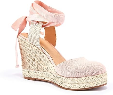 Ermonn Womens Espadrilles Wedge Sandals Platform Closed Toe Ankle Strap Lace Up Summer Shoes