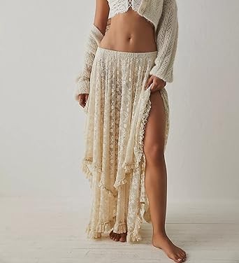 R.Vivimos Women Lace Long Skirts Summer Elastic Asymmetrical Layered Hem Sexy See-Through Beach Floral Maxi Skirts