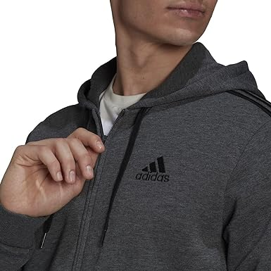 adidas Men's Essentials Fleece 3-Stripes Full-Zip Hoodie, Dark Grey Heather, Large