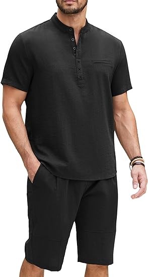 COOFANDY Men's 2 Piece Linen Set Short Sleeve Henley Shirts and Shorts Summer Beach Yoga Pants Set