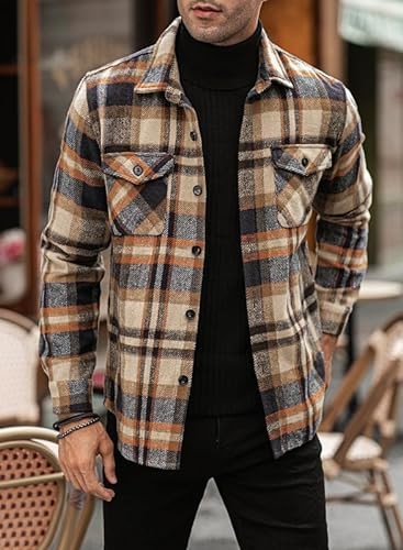 JMIERR Mens Flannel Shirts Shackets Casual Button Down Long Sleeve Plaid Shirt Lightweight Jackets with Pockets
