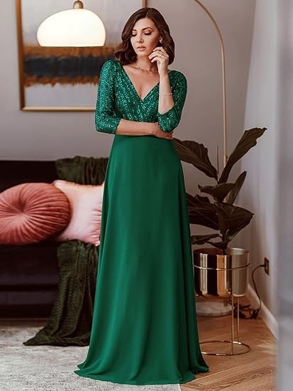Ever-Pretty Women's Elegant V-Neck Long Sleeve Sequin Evening Party Dress 0751