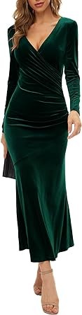 ZABERRY Womens Wrap V Neck Long Sleeve Elegant Mermaid Ruched Velvet Wedding Guest Cocktail Evening Party Maxi Dresses