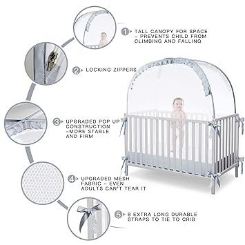 L RUNNZER Baby Safety Crib Tent to Keep Baby from Climbing Out,Pop Up Crib Tent to Protect Your Baby from Falls and Bite,See Through Mesh Top Nursery Mosquito Net