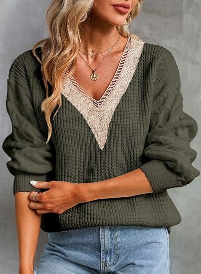 EVALESS Womens Long Sleeve Sweaters Fall 2023 Trendy Sexy Lace V Neck Knit Drop Shoulder Pullover Sweater