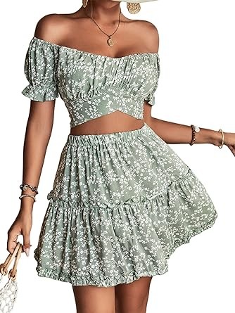 LYANER Women's 2 Piece Outfits Floral Off Shoulder Tie Up Crop Top and Mini Skirt Set