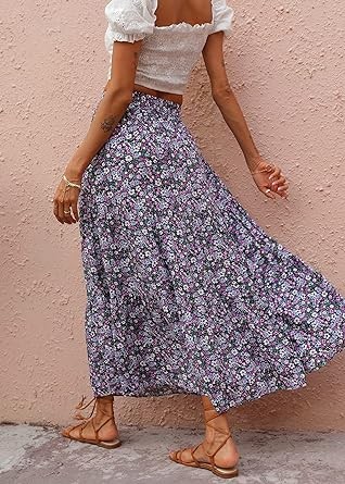 KIRUNDO 2023 Fall Women's High Waist Boho Floral Maxi Skirt Casual Flowy Swing Pleated A Line Beach Long Skirts