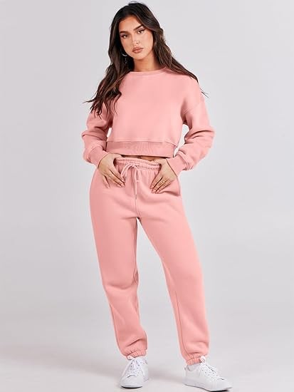 ANRABESS Women's Two Piece Outfits Long Sleeve Crew Neck Crop Sweatsuit with Jogger Pants Lounge Sets with Pockets