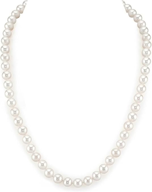 The Pearl Source Real Pearl Necklace for Women with AAA+ Quality Round White Freshwater Genuine Cultured Pearls | 14K Gold Clasp White Gold Pearl Gifts for Christmas, Holidays and Anniversary