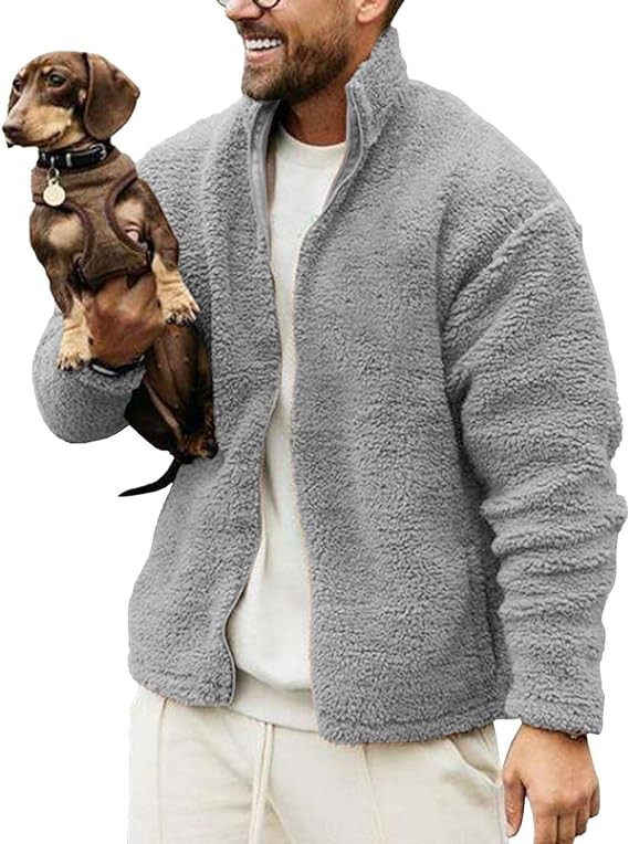 Runcati Mens Fuzzy Sherpa Jacket Cardigan Fleece Long Sleeve Full Zip Open Front Thermal Coat Fall Winter Outwear