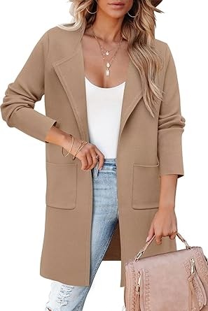ZOLUCKY Women's Open Front Knit Cardigan Long Sleeve Lapel Casual Solid Classy Sweater Jacket
